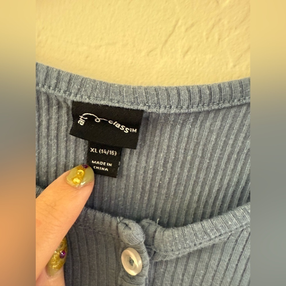 Blue Ribbed Button-Up Women's Top - Picture 2 of 3